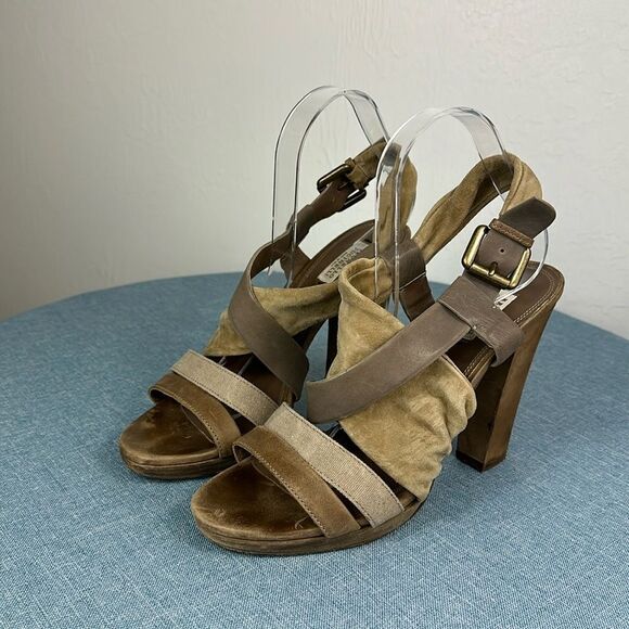 BRUNELLO CUCINELLI Beige Suede Leather Heeled Sandals Shoes Size 9.5